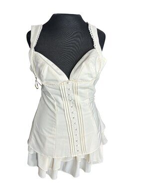 Oh Polly Ivory Corset Style Mini Dress With Lace Trim & Ruffle Hem UK 8 US 4